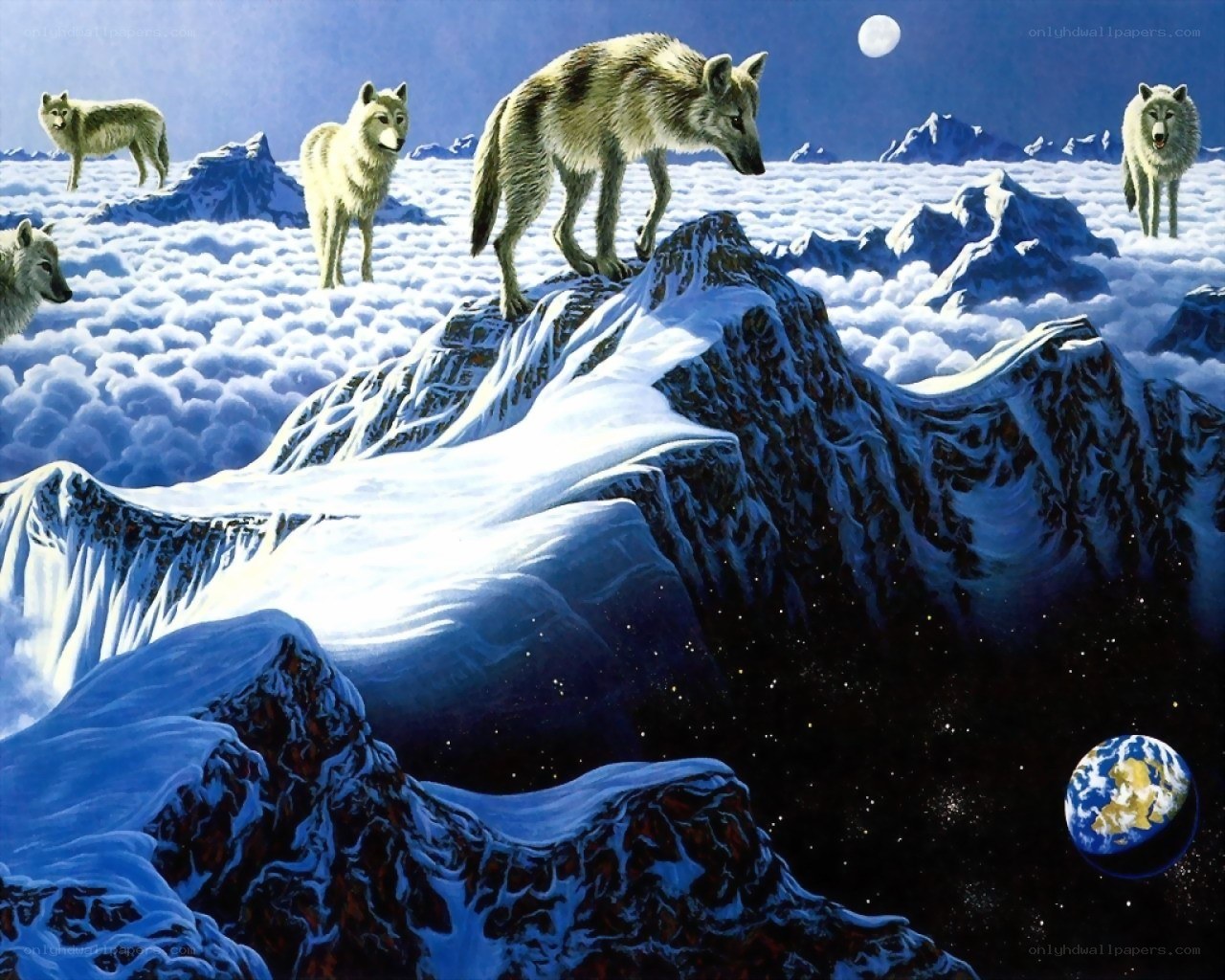 Wolves on a snowy mountain