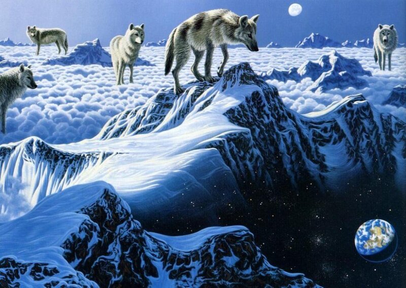 Wolves on Snowy Mountain — Blue, Dramatic, Night