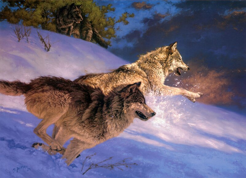 Wolves Running in Snow — Blue, Dramatic, Winter, Painting, Trees