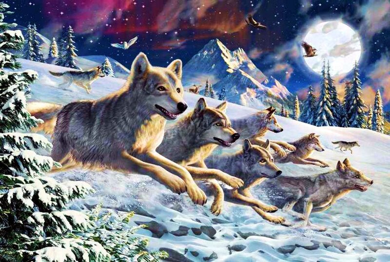 Wolves Running in Snow — White, Dramatic, Night, Digital Art, Mountains