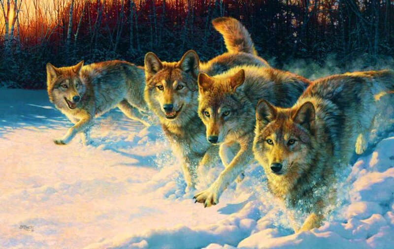 Wolves Running in Snow — White, Dramatic, Winter, Digital Art
