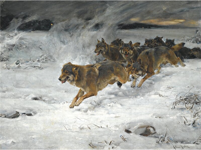 Wolves Running in Snow — White, Dramatic, Winter, Painting