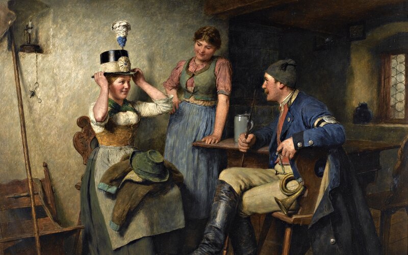 Woman Adjusting Hat in Tavern