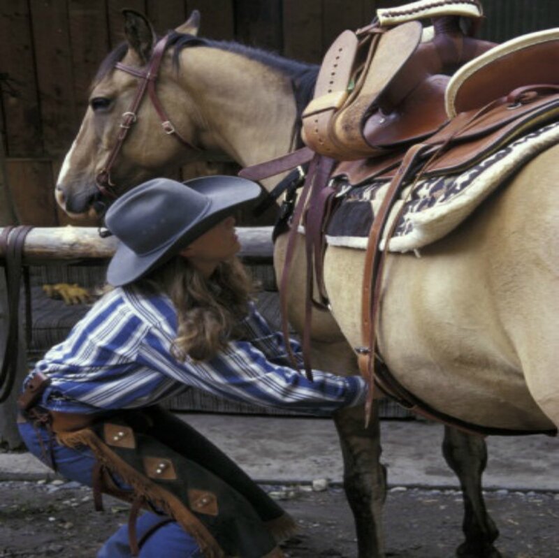 Woman Adjusting Horse Saddle