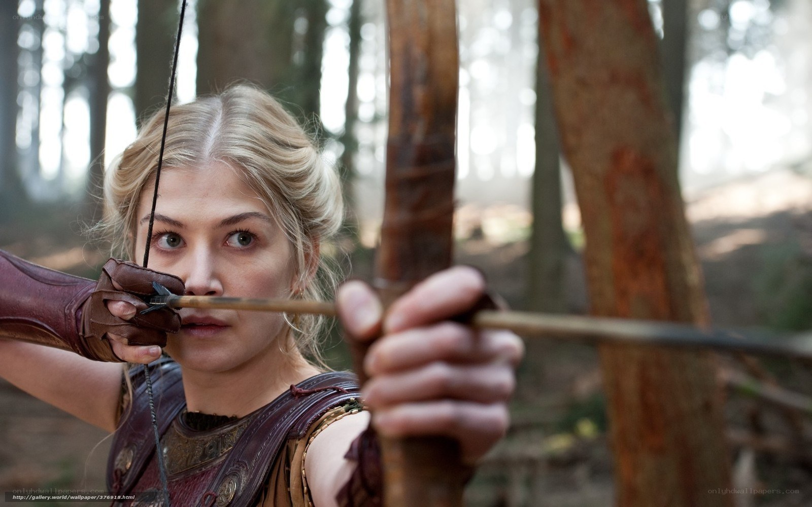 woman aiming bow in forest