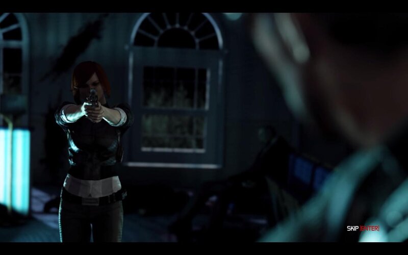 woman aiming gun in dark room