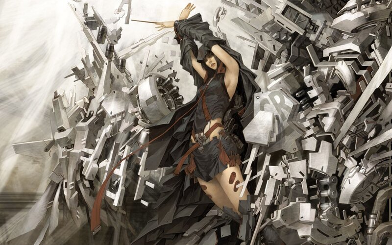 woman amidst mechanical debris