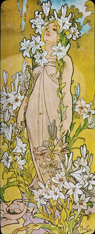 Woman amidst white lilies