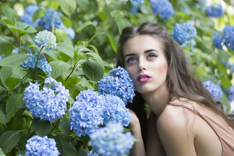 Woman Among Hydrangeas — Blue