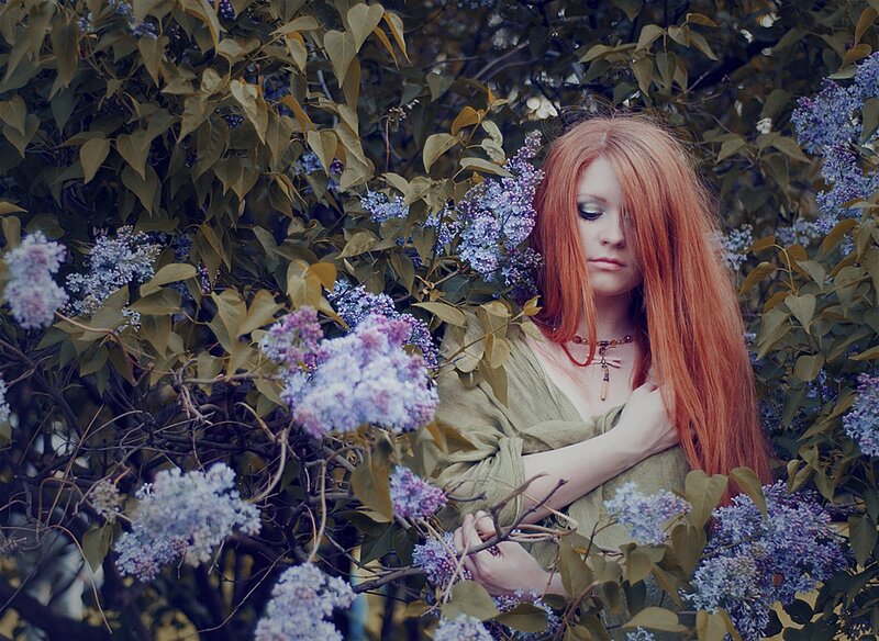 woman among lilac flowers