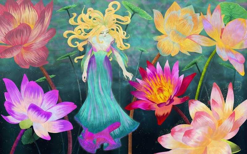 Woman Among Lotus Flowers
