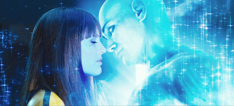 woman and alien in blue light