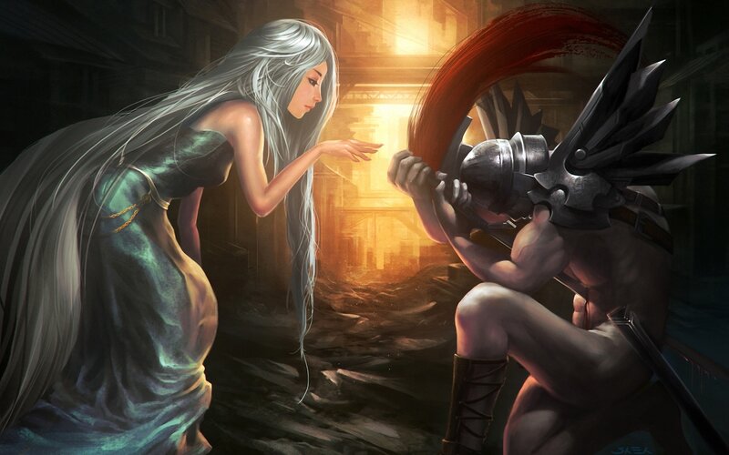 Woman and Armored Warrior — Gray