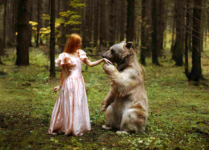 Woman and Bear in Forest — Green, Serene