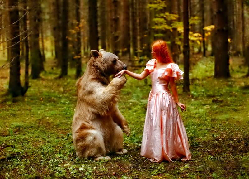 Woman and Bear in Forest — Green