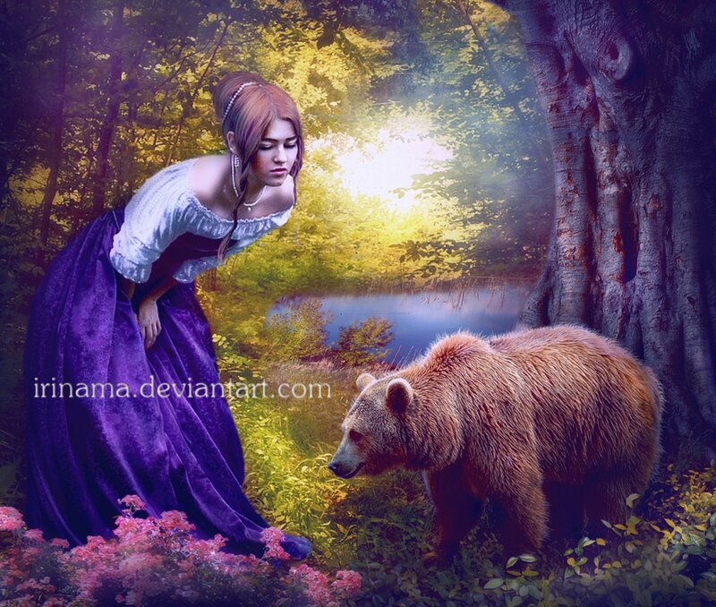 Woman and Bear in Forest