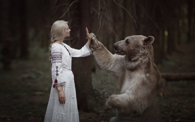 Woman and Bear in Forest — White