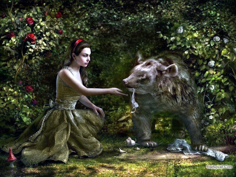 Woman and Bear in Garden — Green