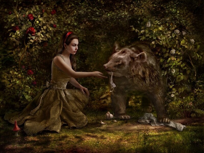 Woman and Bear in Garden