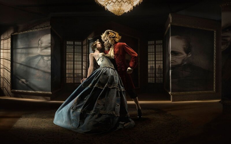 Woman and Beast in Ballroom — Black, Dramatic, Night