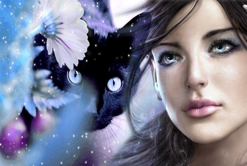Woman and Black Cat — Blue