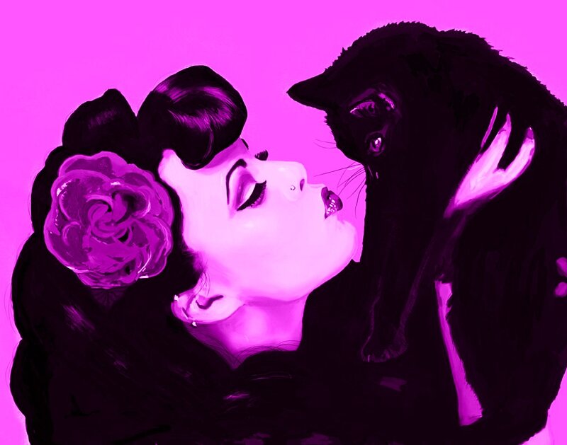Woman and Black Cat — Magenta