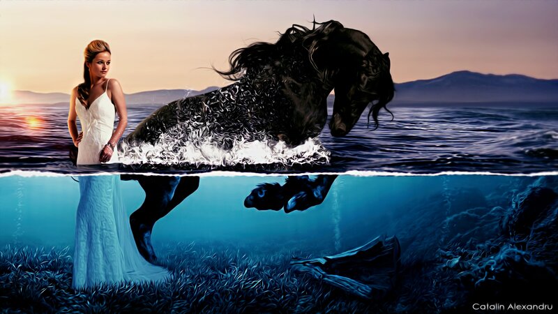 Woman and Black Horse — Blue