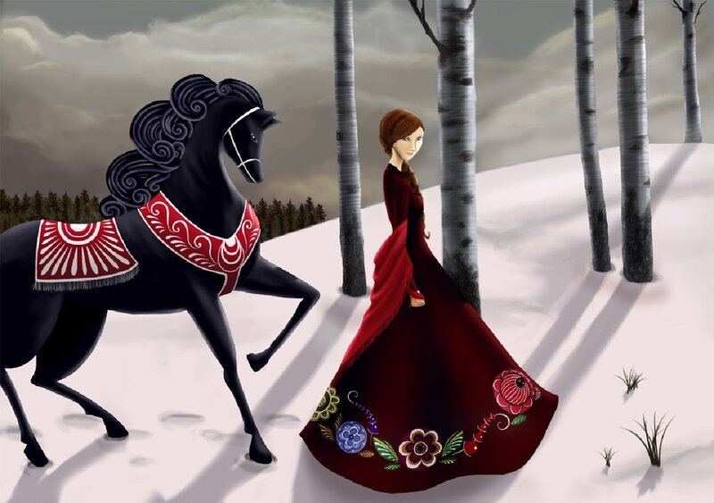 Woman and Black Horse — Red