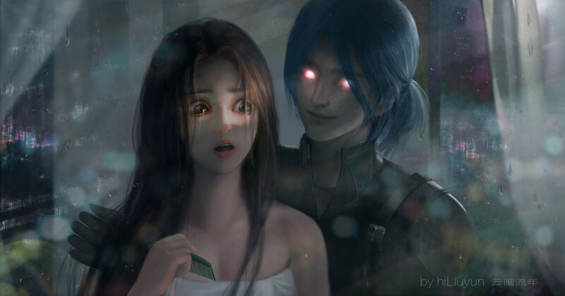 Woman and Blue-haired Figure