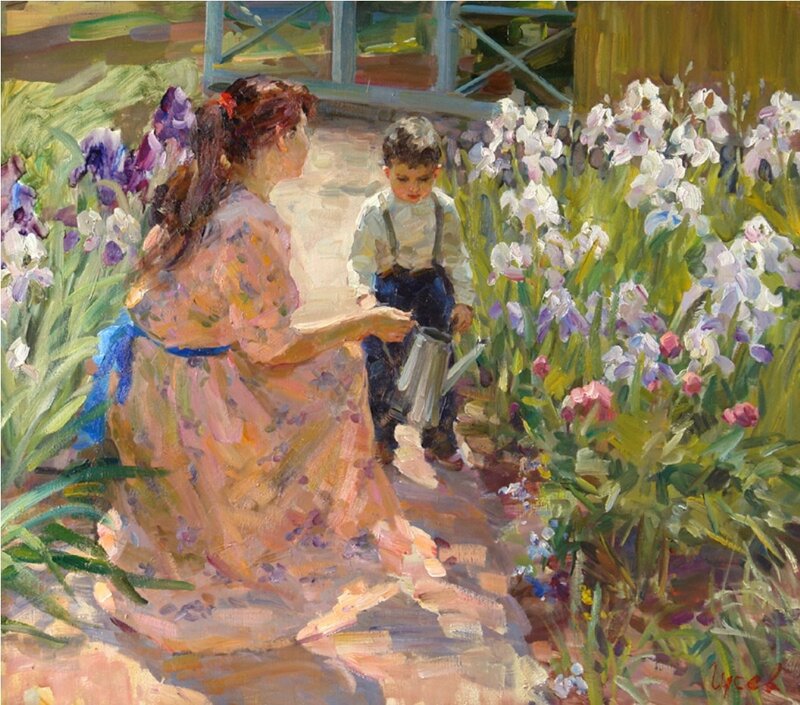 Woman and Boy in Garden