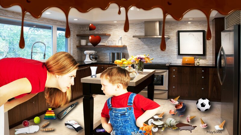 Woman and Boy in Kitchen — Brown