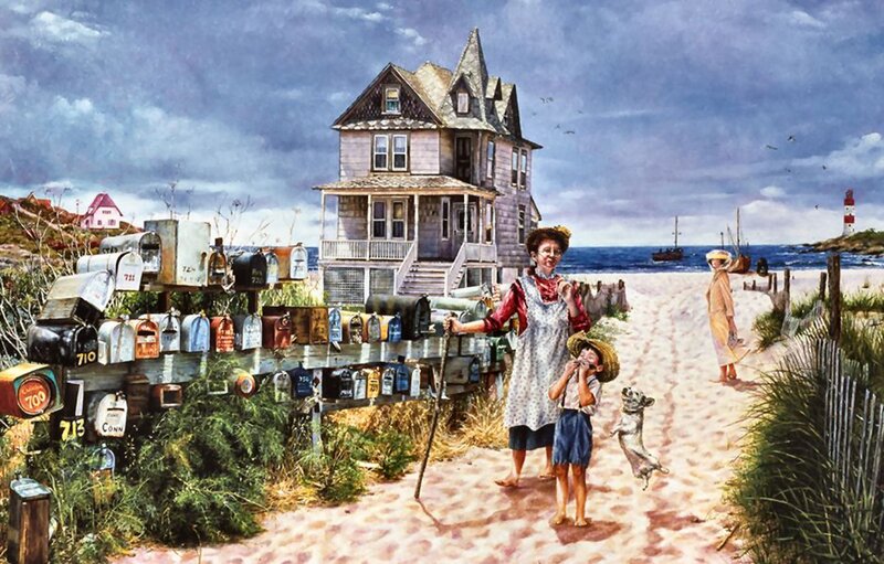 Woman and Boy on Beach — Blue, Dramatic