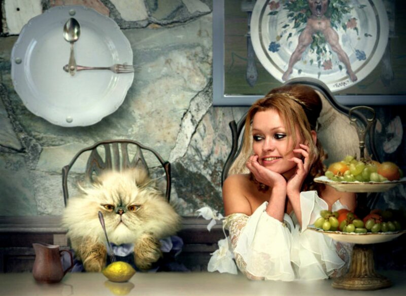 Woman and Cat at Table