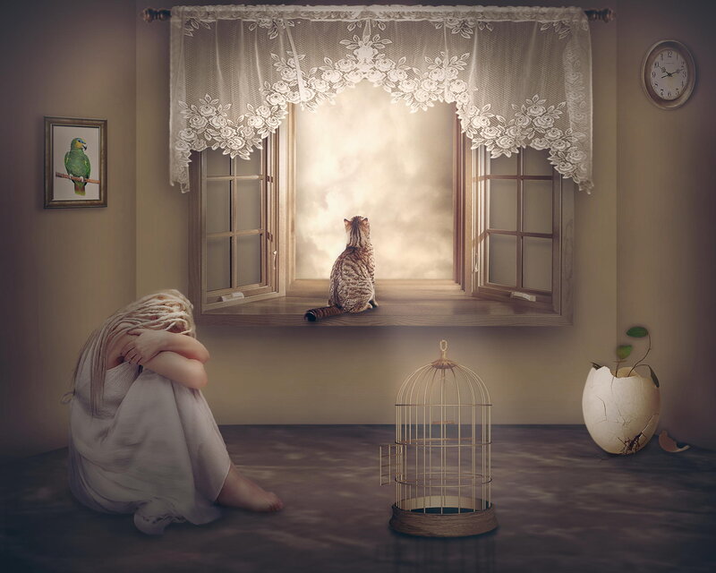 Woman and Cat by Window — Beige