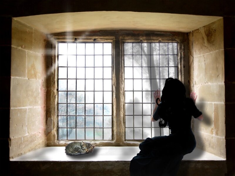 woman and cat by window