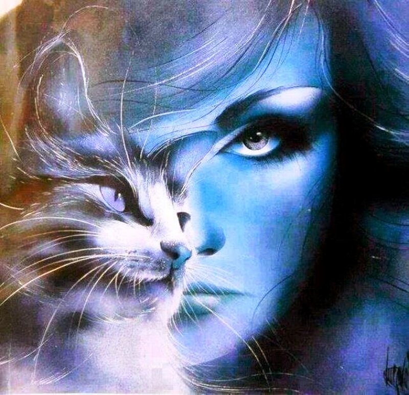 Woman and Cat Face — Blue