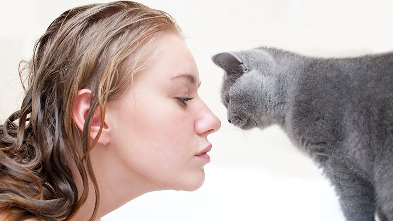 woman and cat face to face