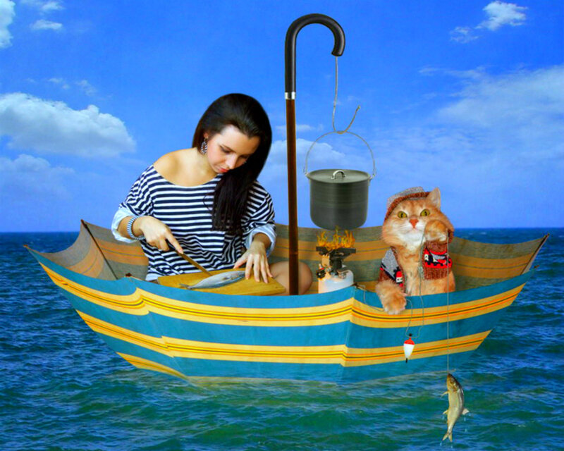 Woman and Cat in Boat