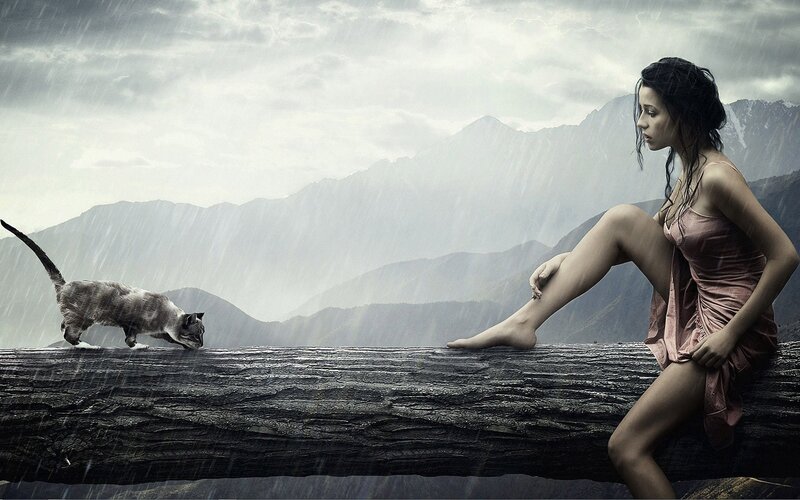 Woman and cat in rain
