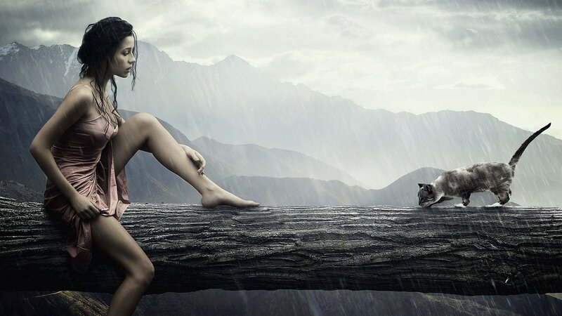Woman and cat in the rain