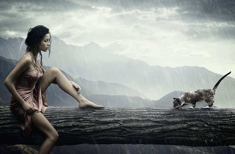 Woman and cat in the rain
