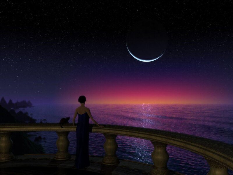 Woman and Cat on Balcony — Purple