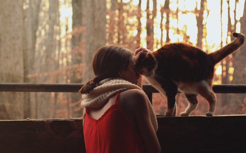 Woman and Cat on Balcony — Red
