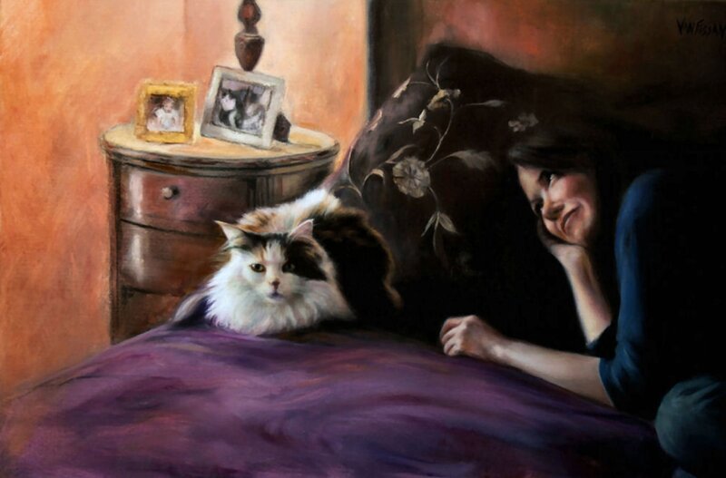 Woman and Cat on Bed — Purple