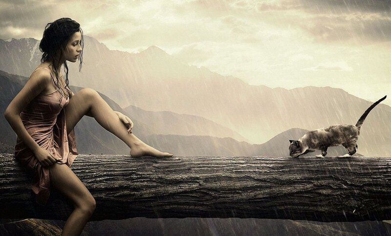 Woman and Cat on Log