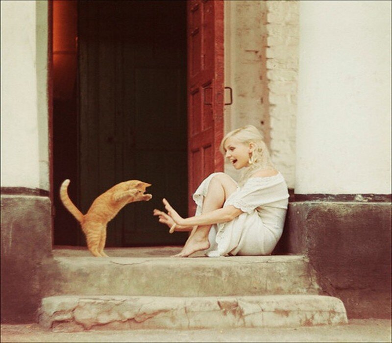 Woman and Cat on Steps — White