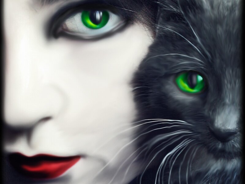 woman and cat with green eyes