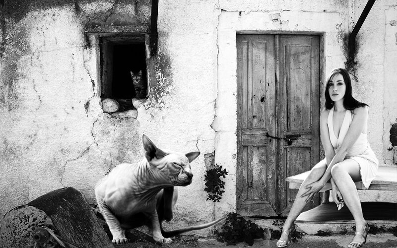 Woman and cats in old courtyard