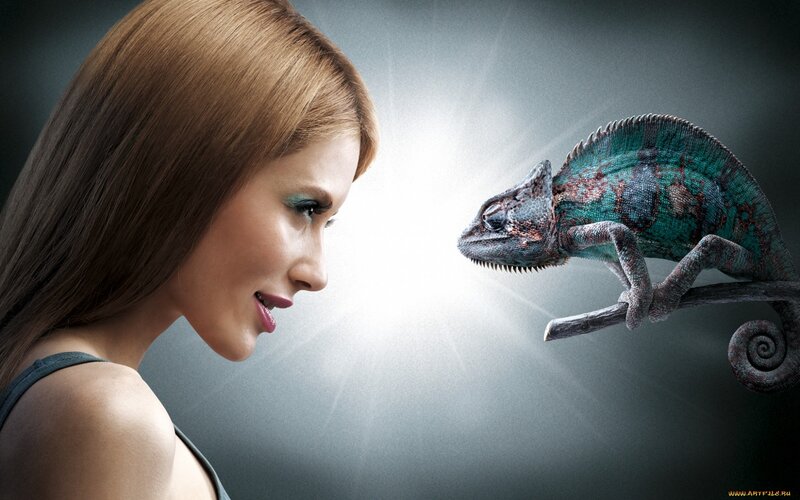 woman and chameleon in profile