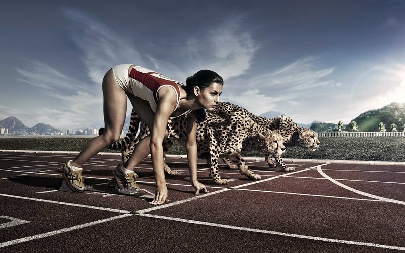 Woman and Cheetahs on Track — Blue